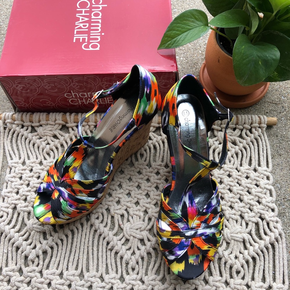 Charming Charlie Multi-Color Printed Cork Wedges - image 1